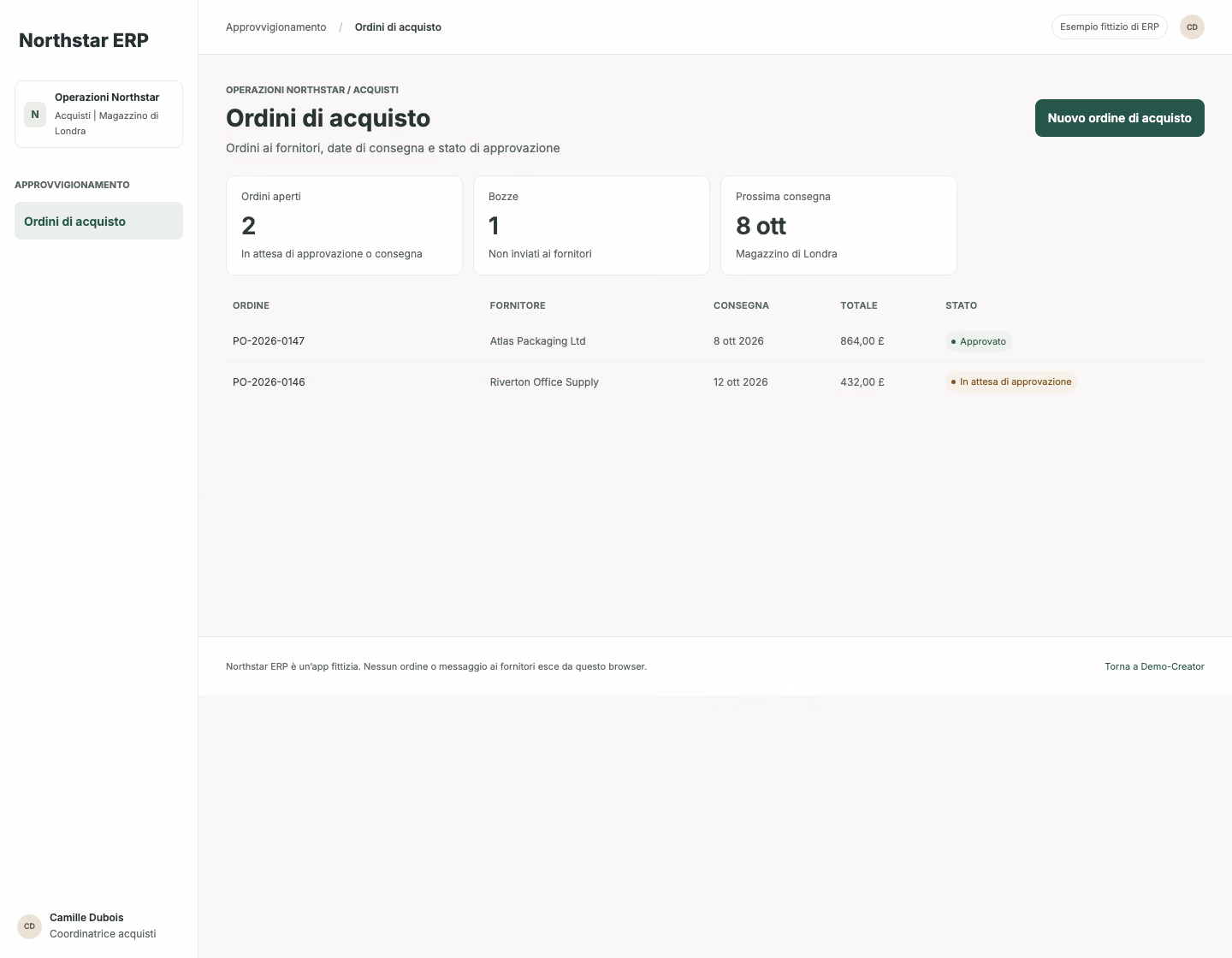 Creare un ordine fornitore