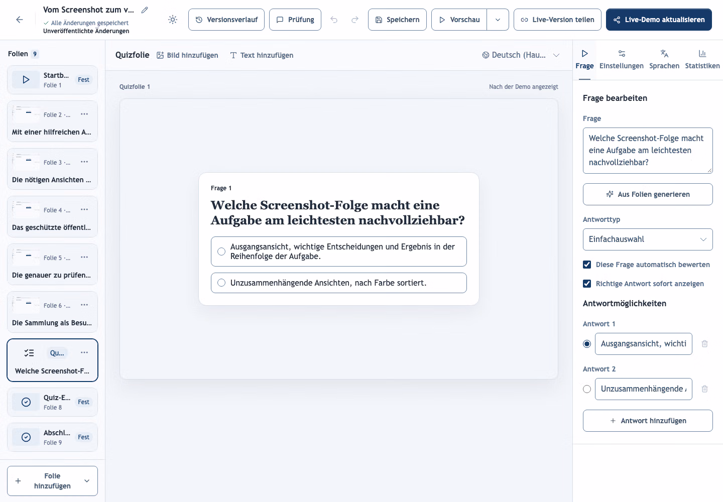 Beispielhafte Quizfrage im Demo-Creator-Editor