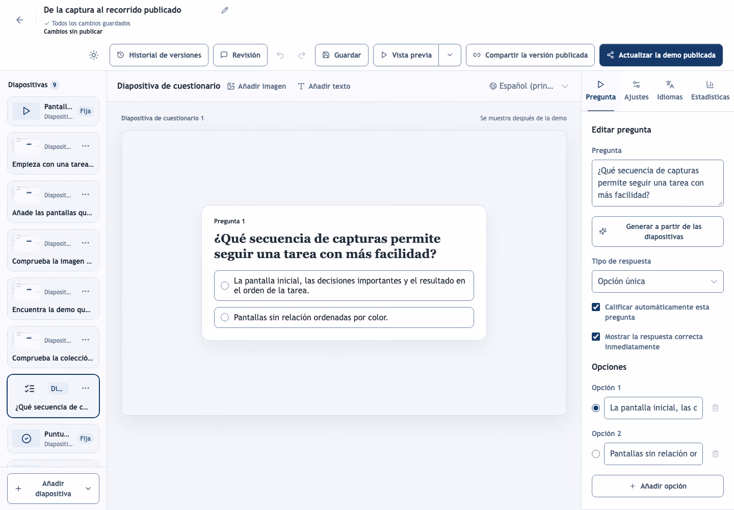 Pregunta ilustrativa de un cuestionario en el editor de Demo-Creator
