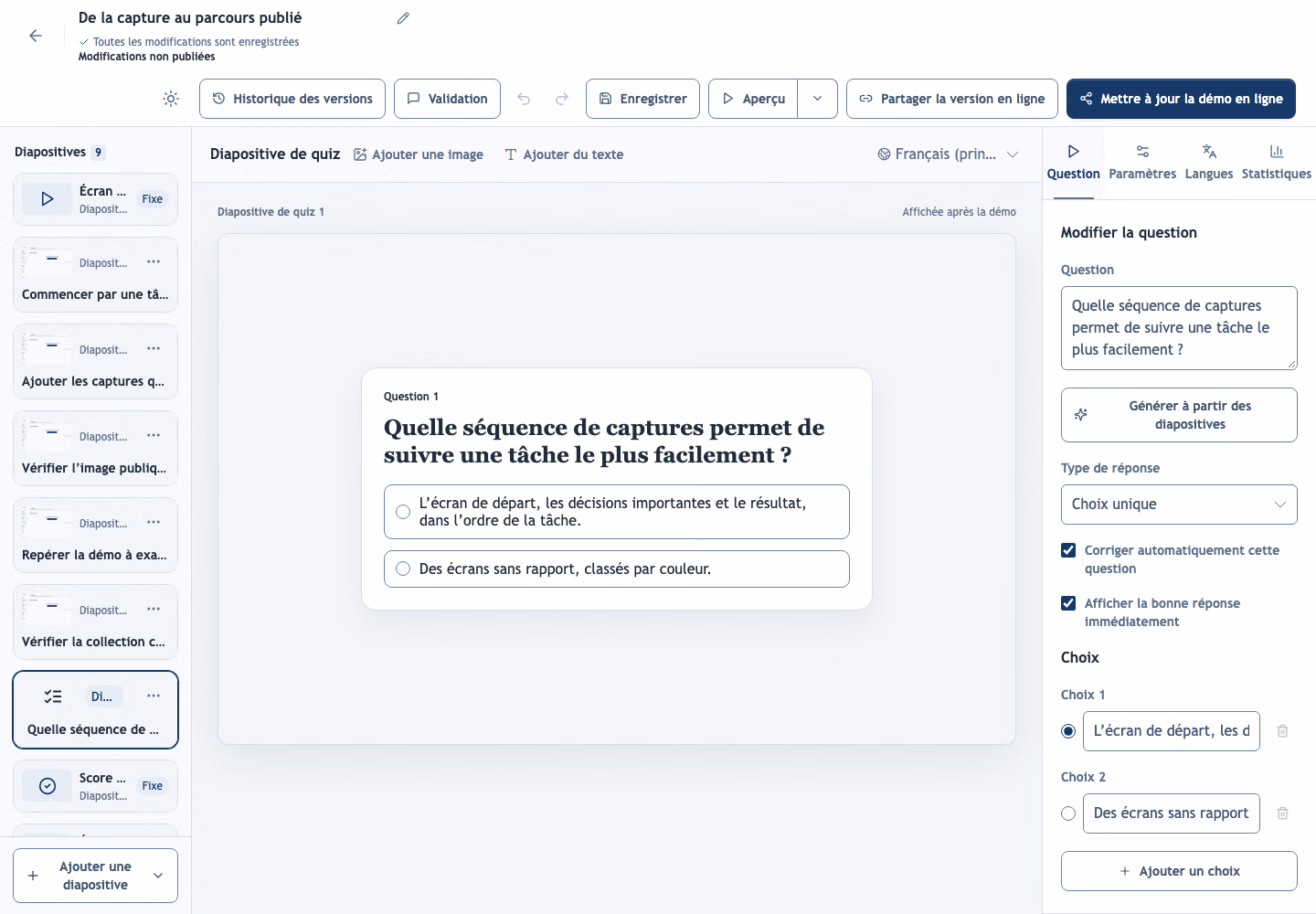 Question de quiz illustrative dans l’éditeur Demo-Creator