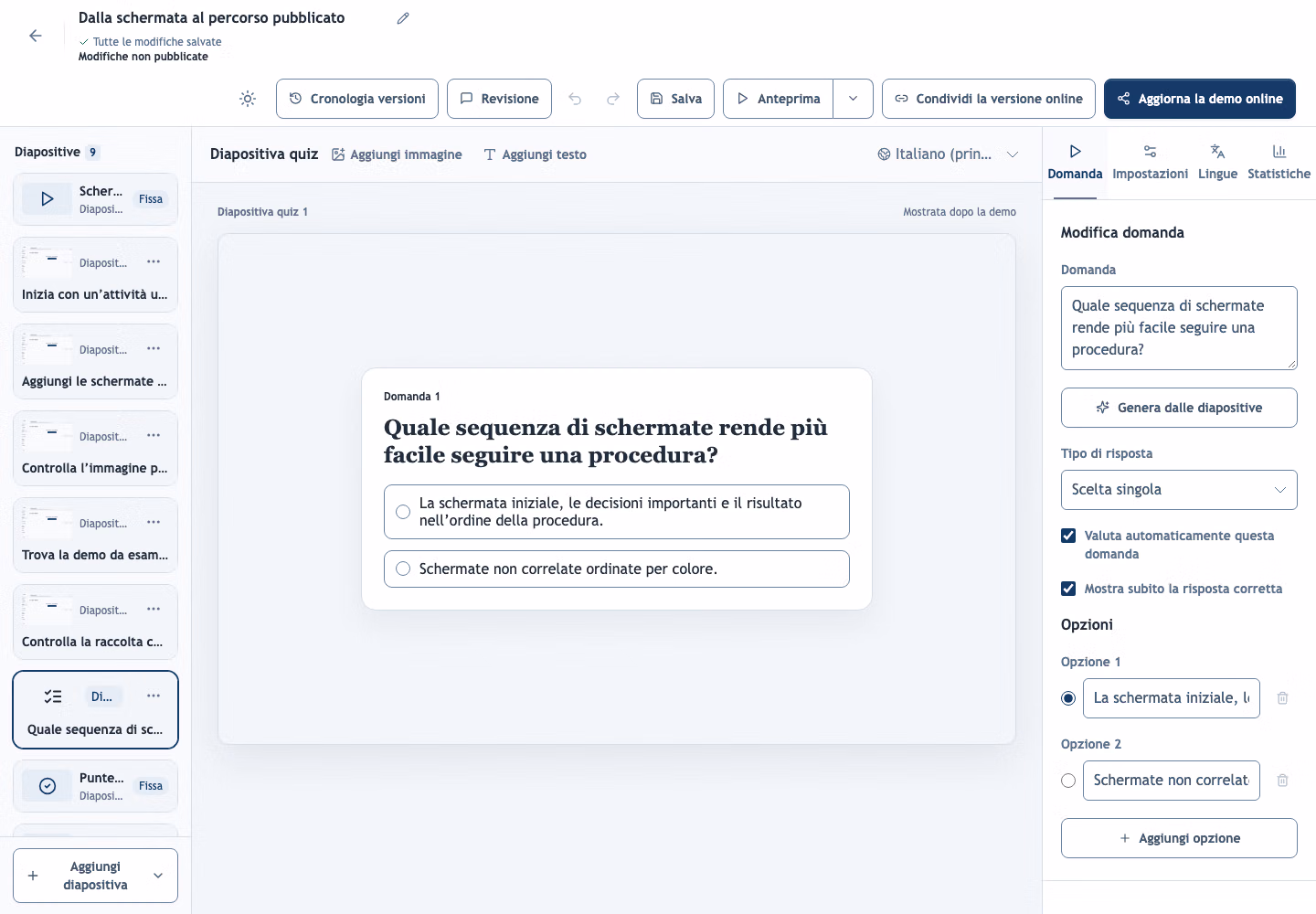Domanda illustrativa di un quiz nell’editor Demo-Creator