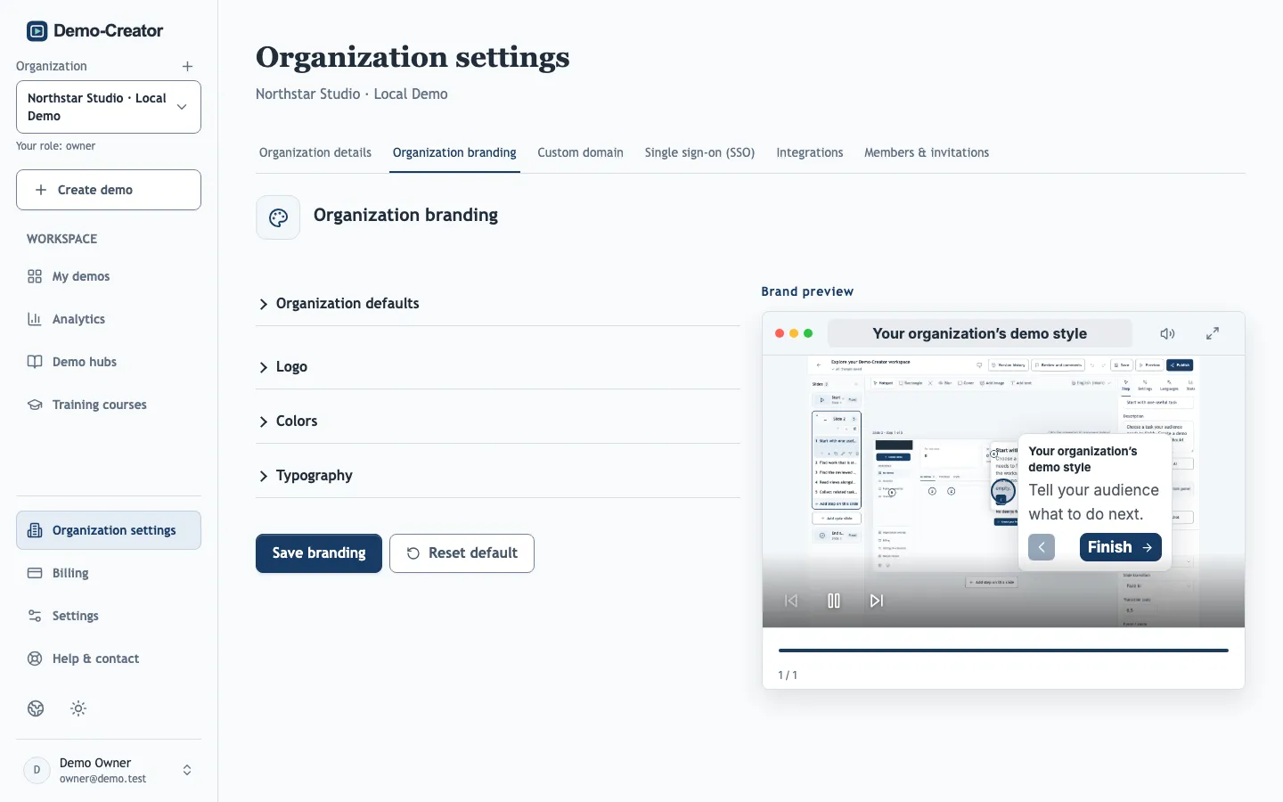 The Organization branding tab