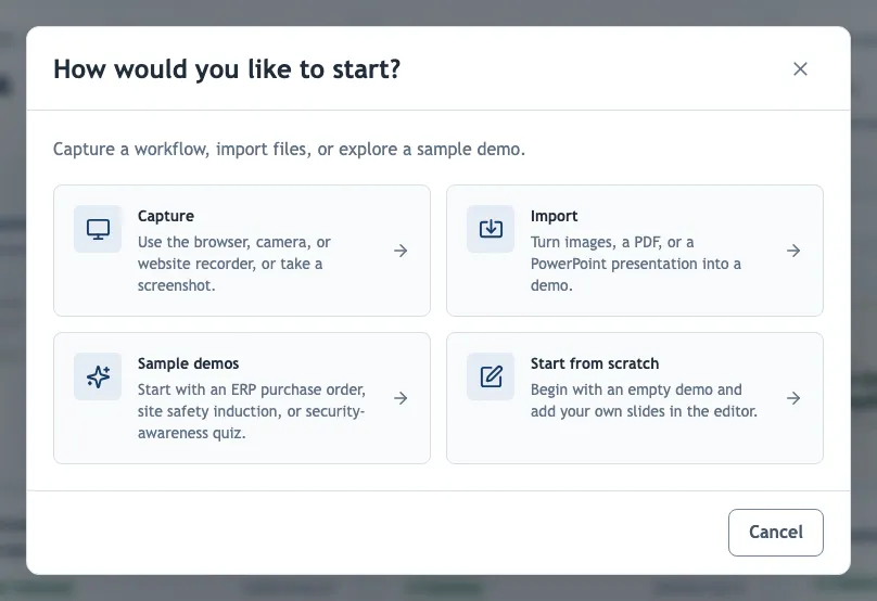 The creation dialog with capture, import and sample options