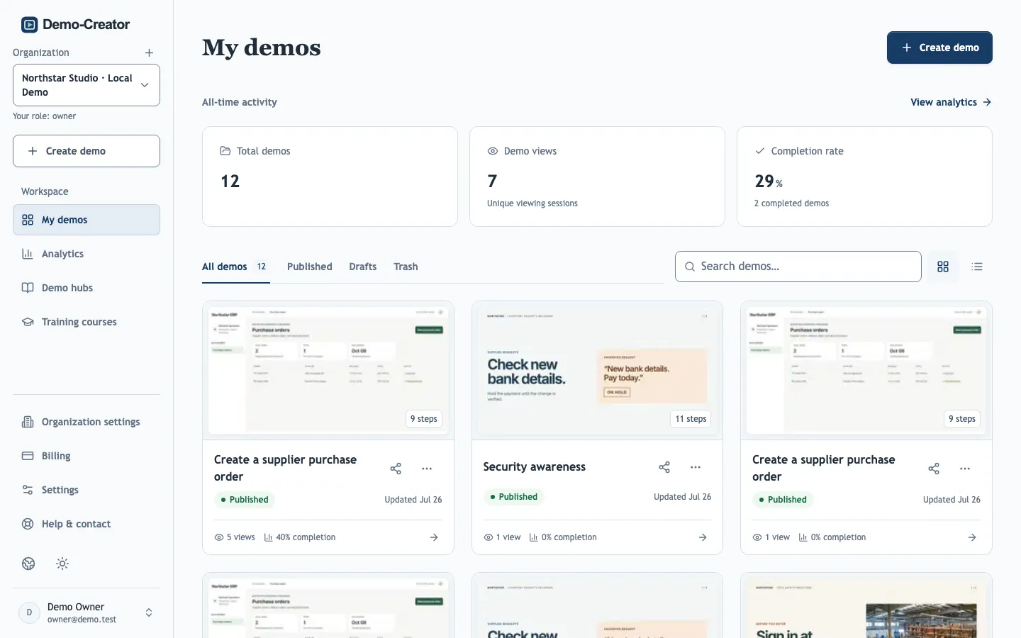 The My demos dashboard with demo cards and the sidebar