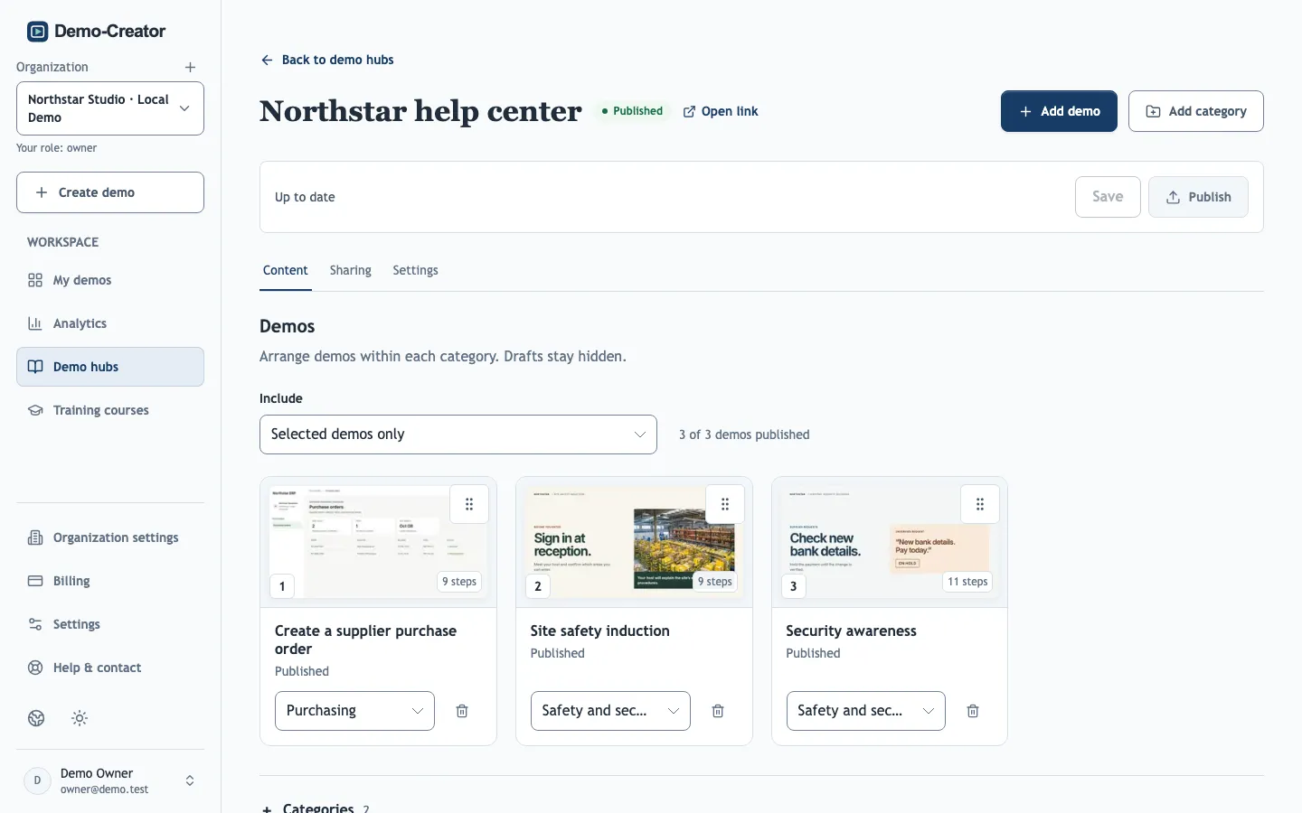 The demo hub editor with categories and demos