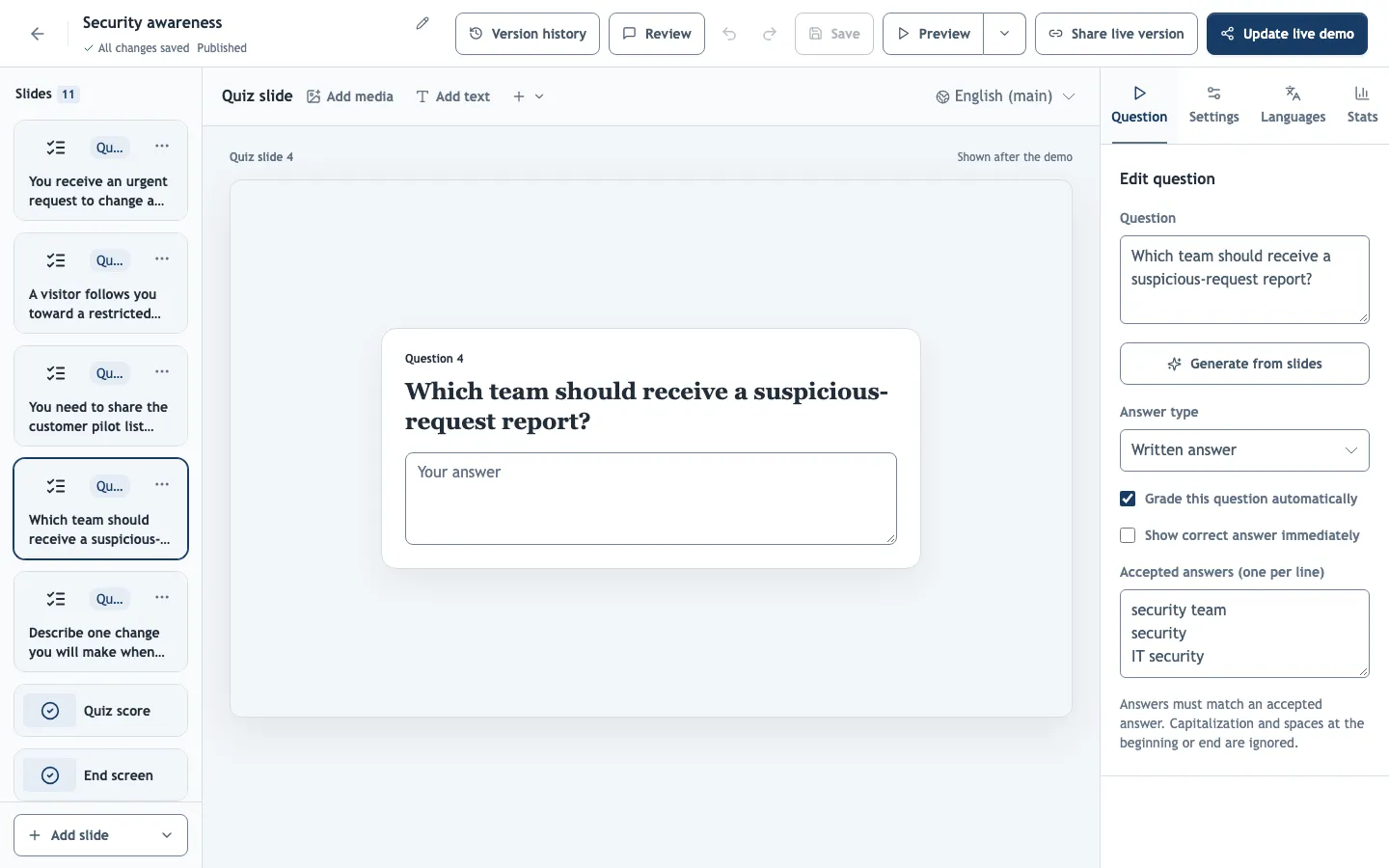A written-answer quiz question with its accepted answers