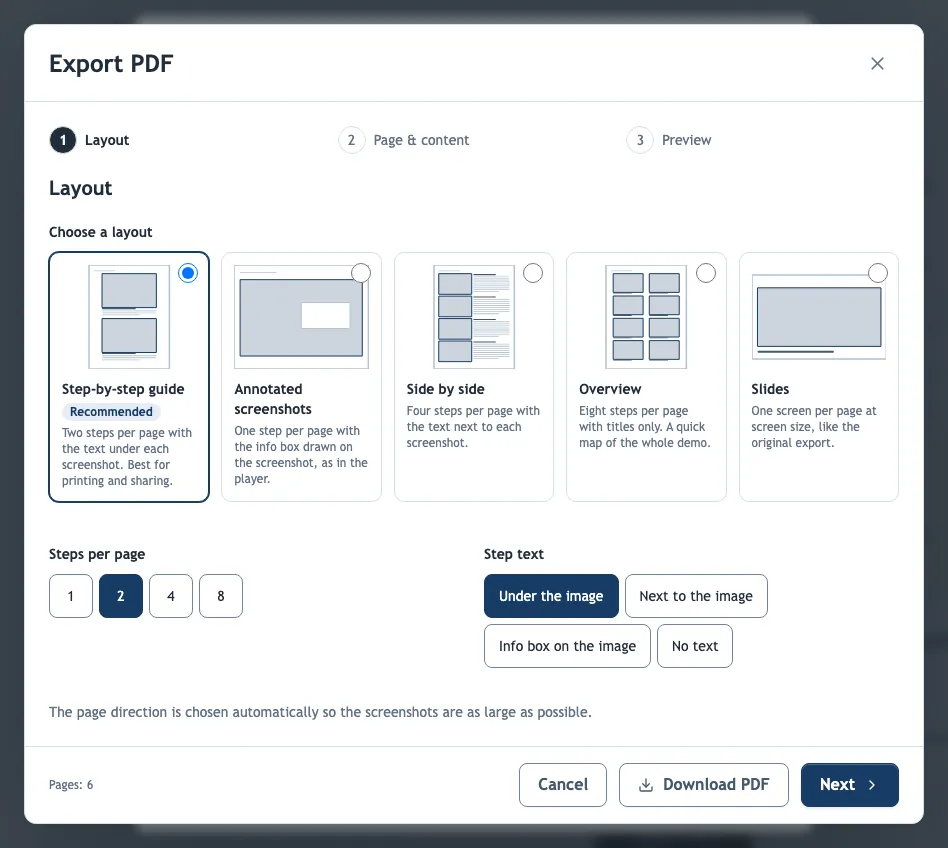 The Export PDF wizard's layout step