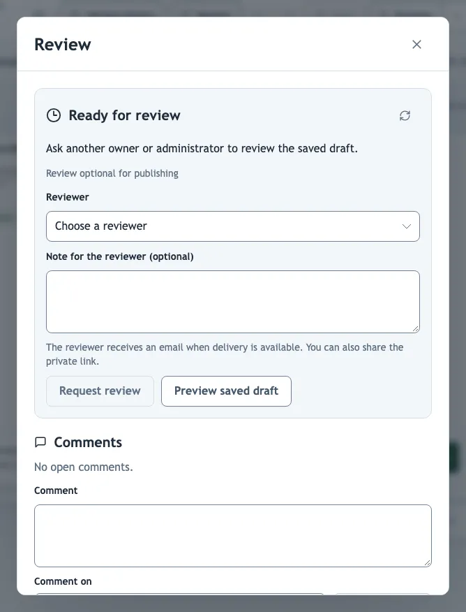 The Review panel with reviewer selection and comments