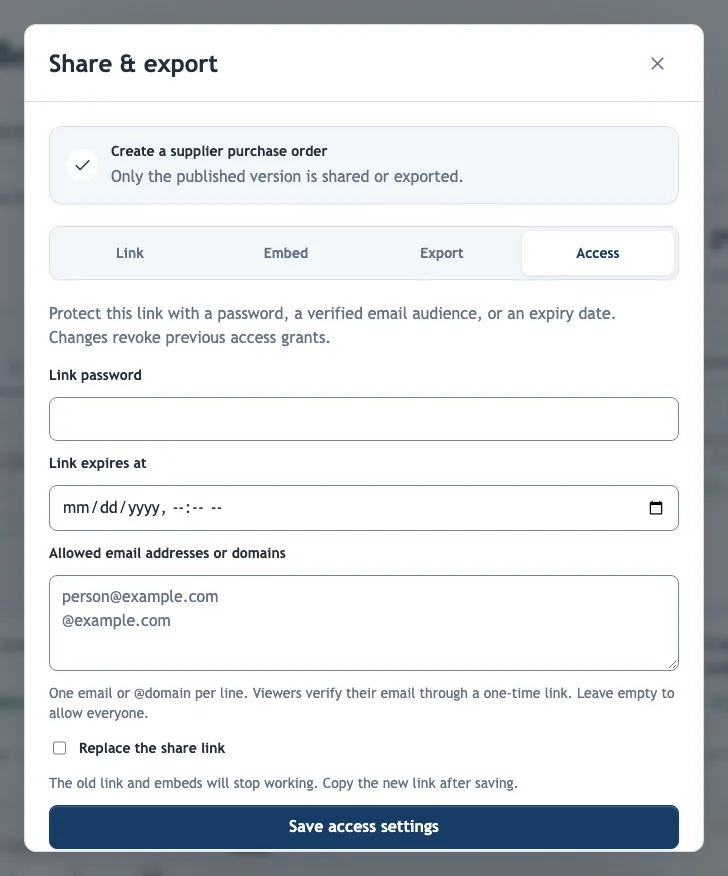 The Access tab of Share &amp; export