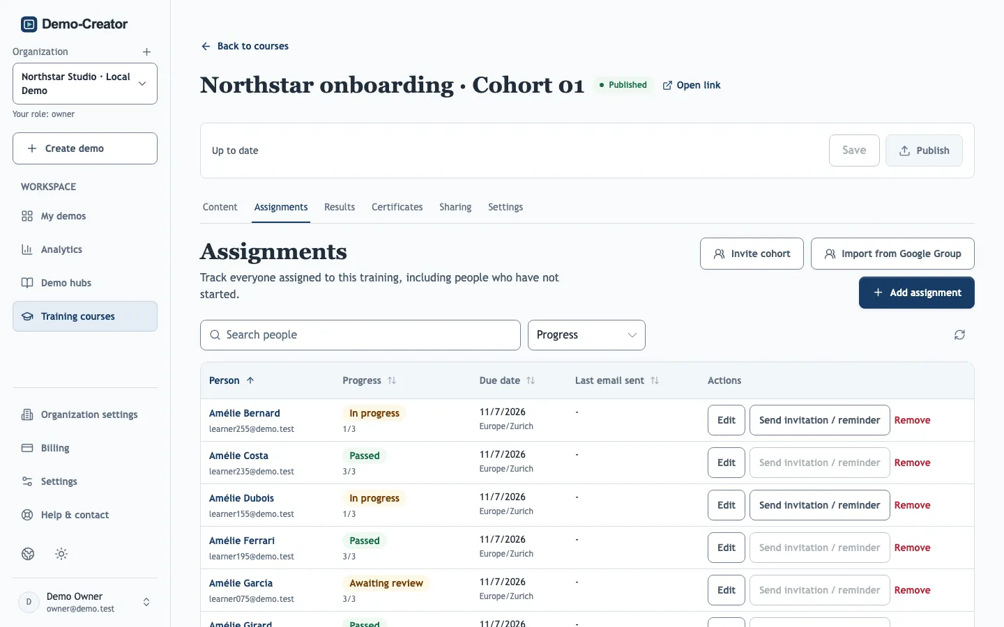 The Assignments tab of a training course