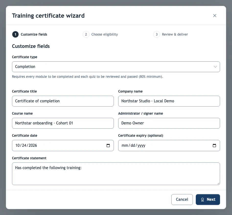 The first step of the Training certificate wizard
