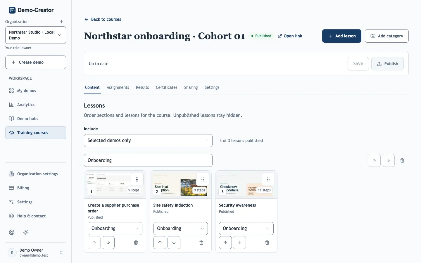 A training course with lessons, assignments and results tabs