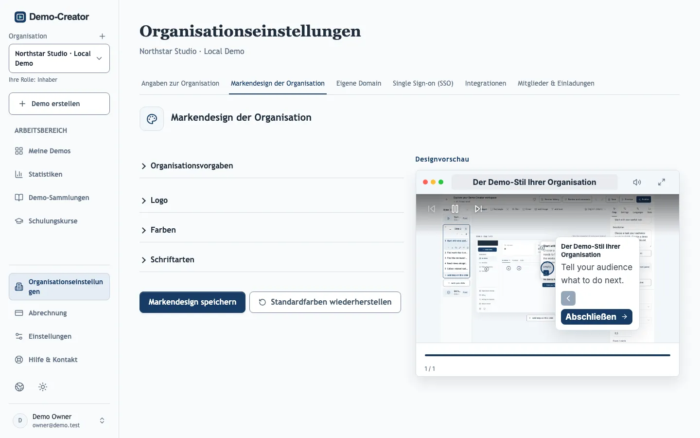 Der Tab Markendesign der Organisation