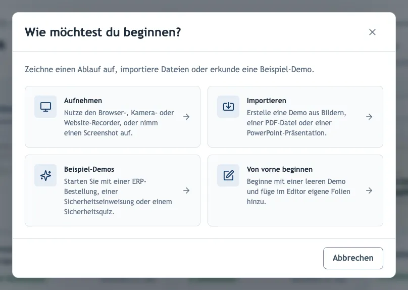 Der Erstellungsdialog mit Aufnahme-, Import- und Beispieloptionen