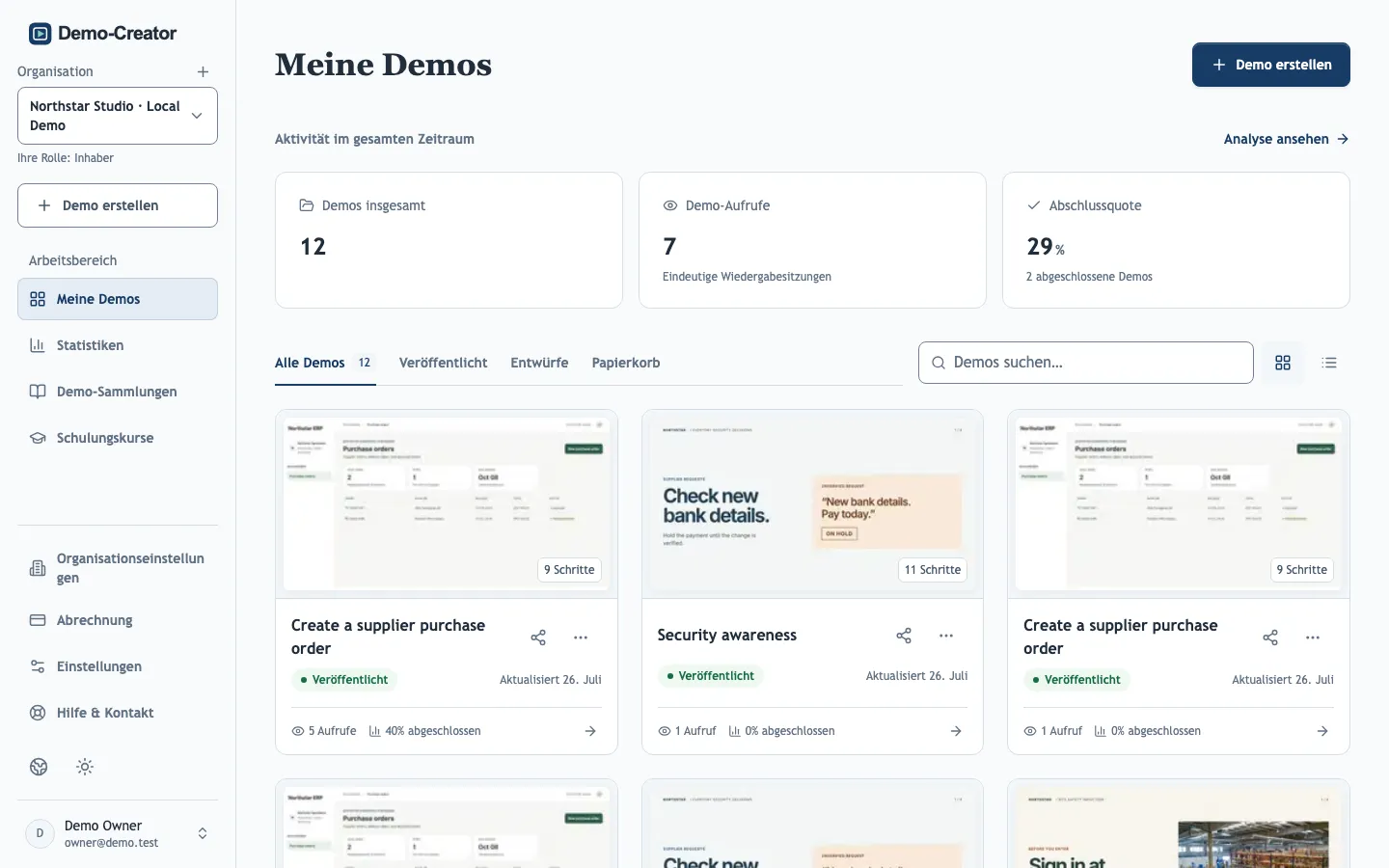 Das Dashboard „Meine Demos“ mit Demo-Karten und Seitenleiste