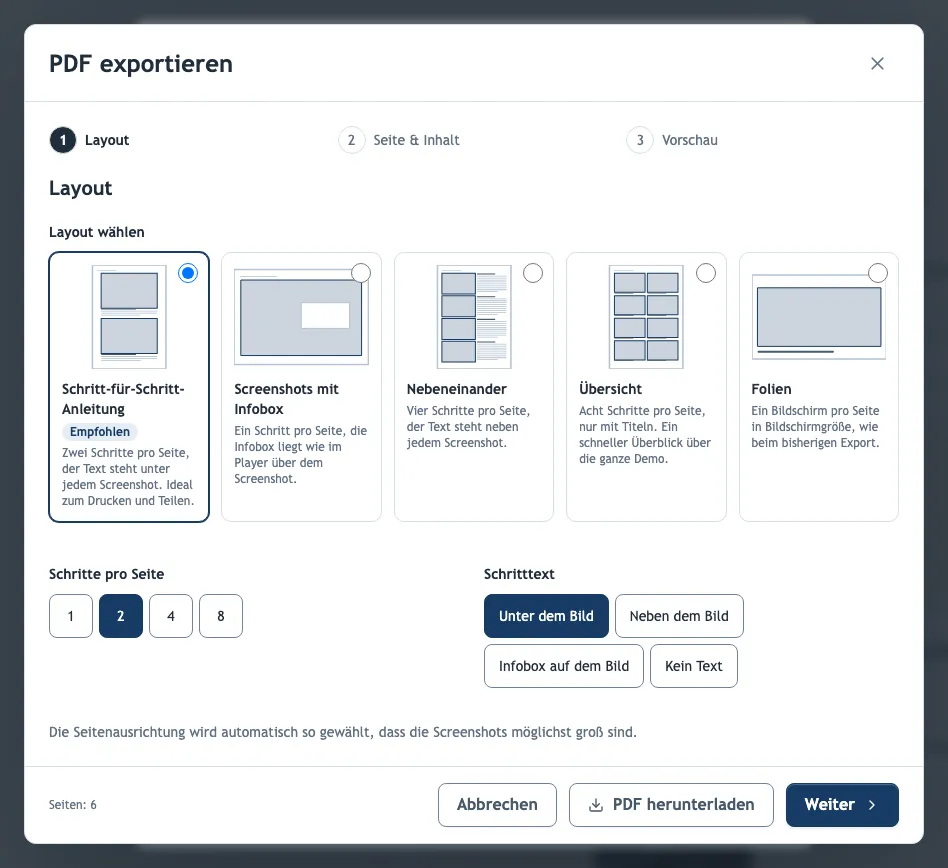 Der Schritt „Layout“ im Assistenten „PDF exportieren“
