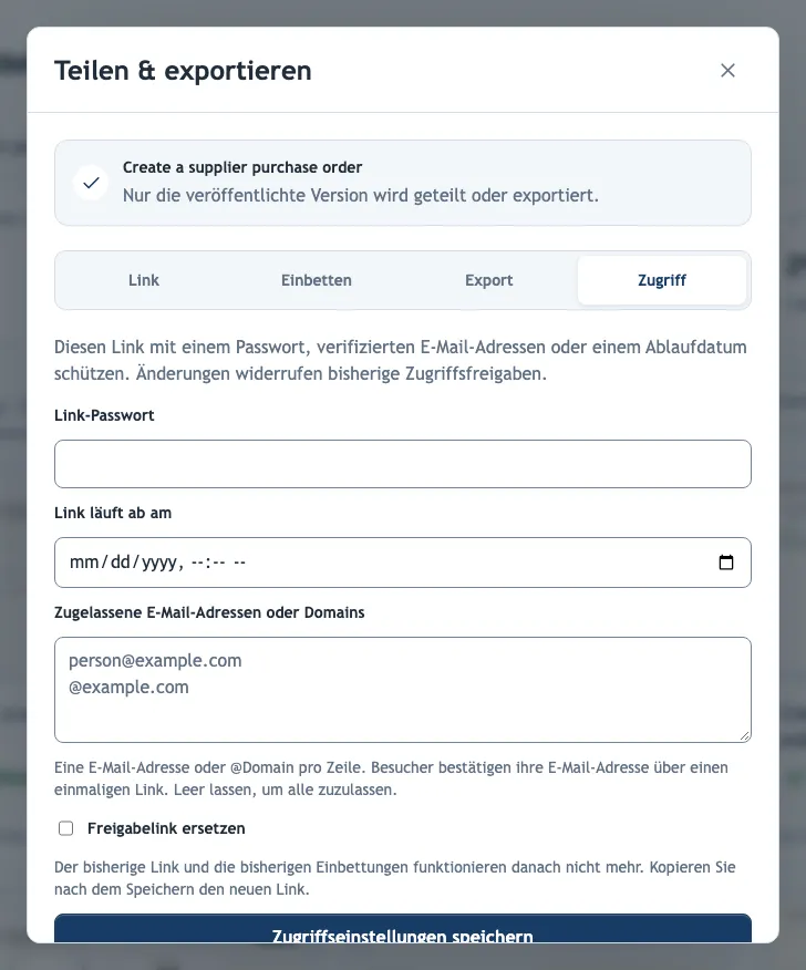 Der Tab „Zugriff“ in „Teilen &amp; exportieren“