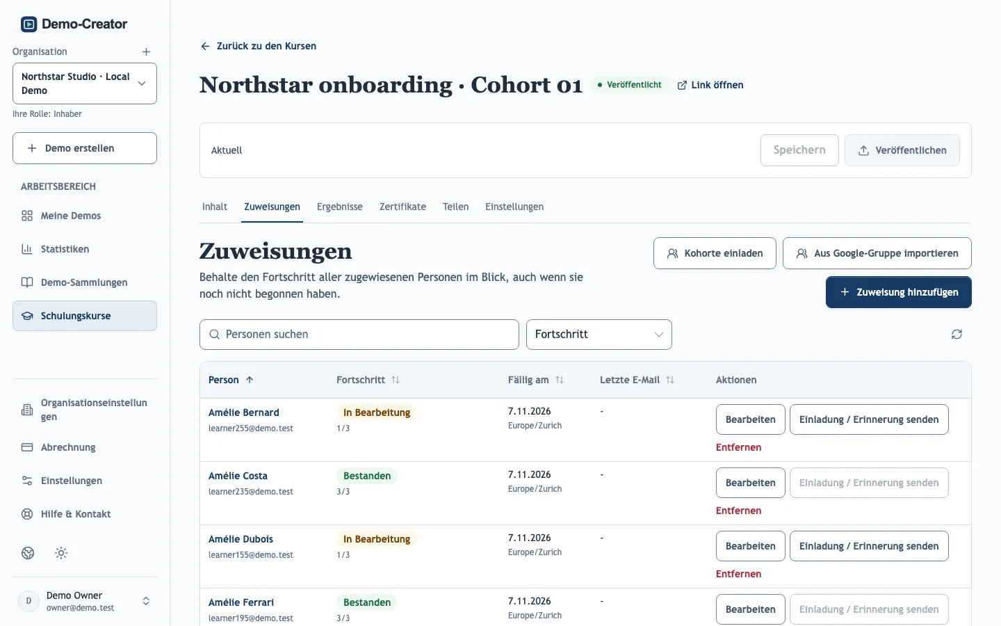 Der Tab „Zuweisungen“ eines Schulungskurses