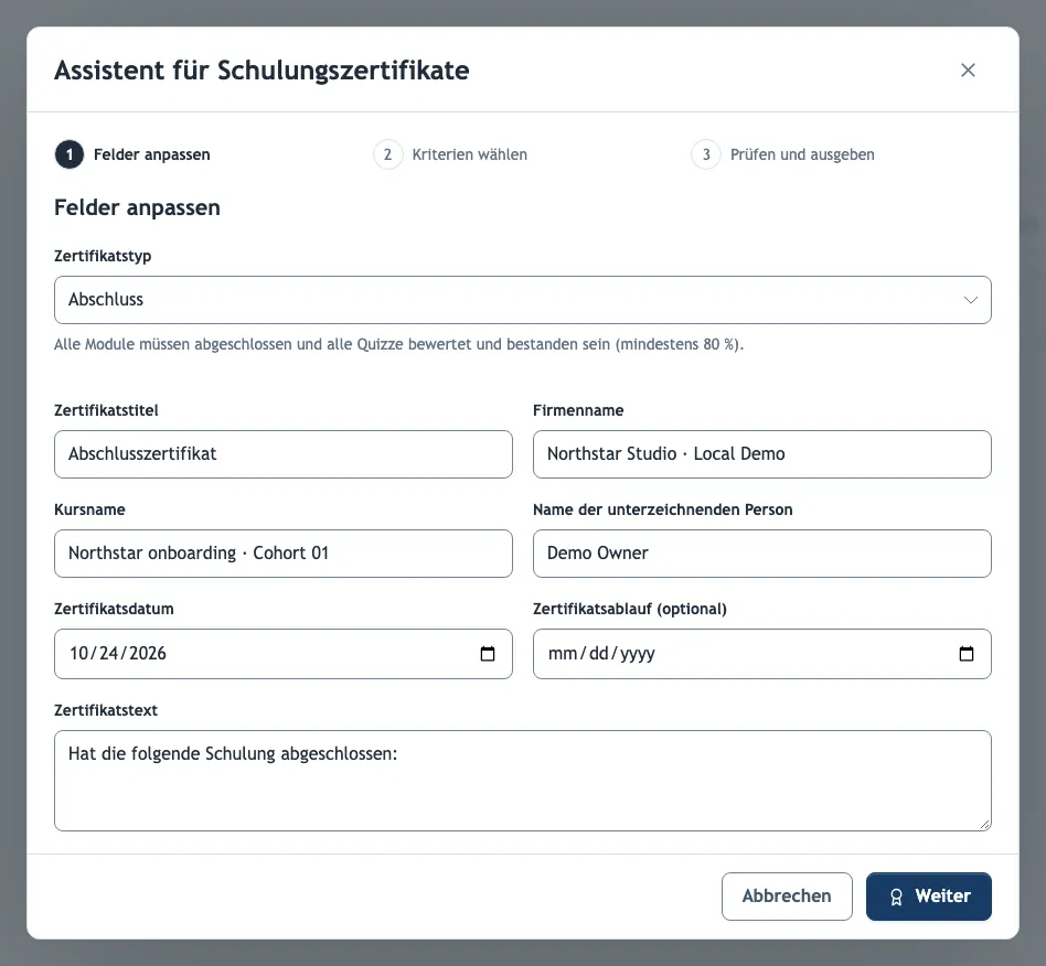 Der erste Schritt im Assistenten für Schulungszertifikate