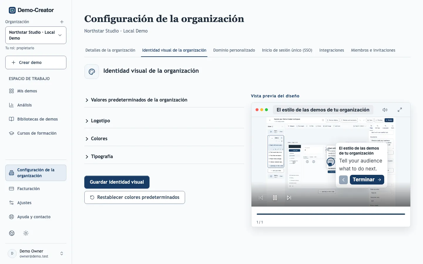 La pestaña Identidad visual de la organización