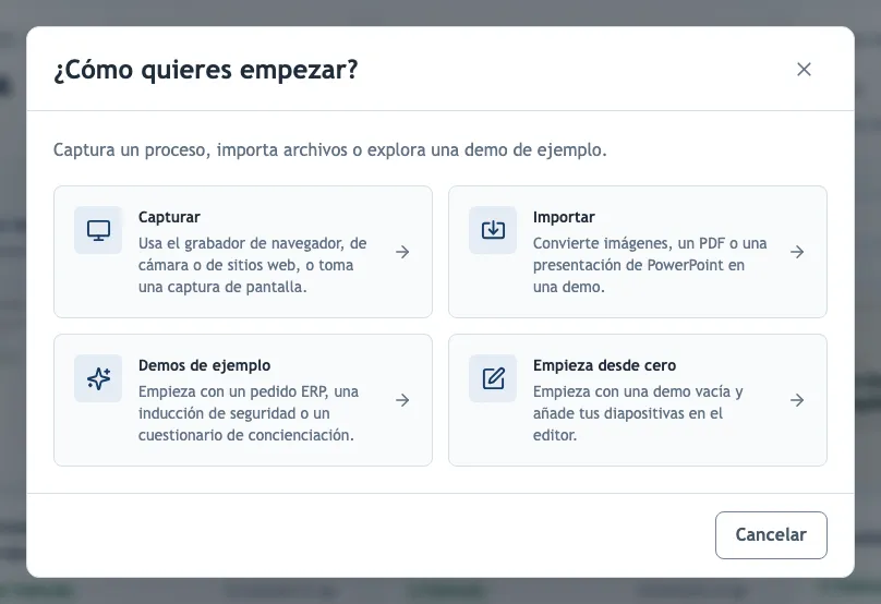 El diálogo de creación con las opciones de captura, importación y ejemplos