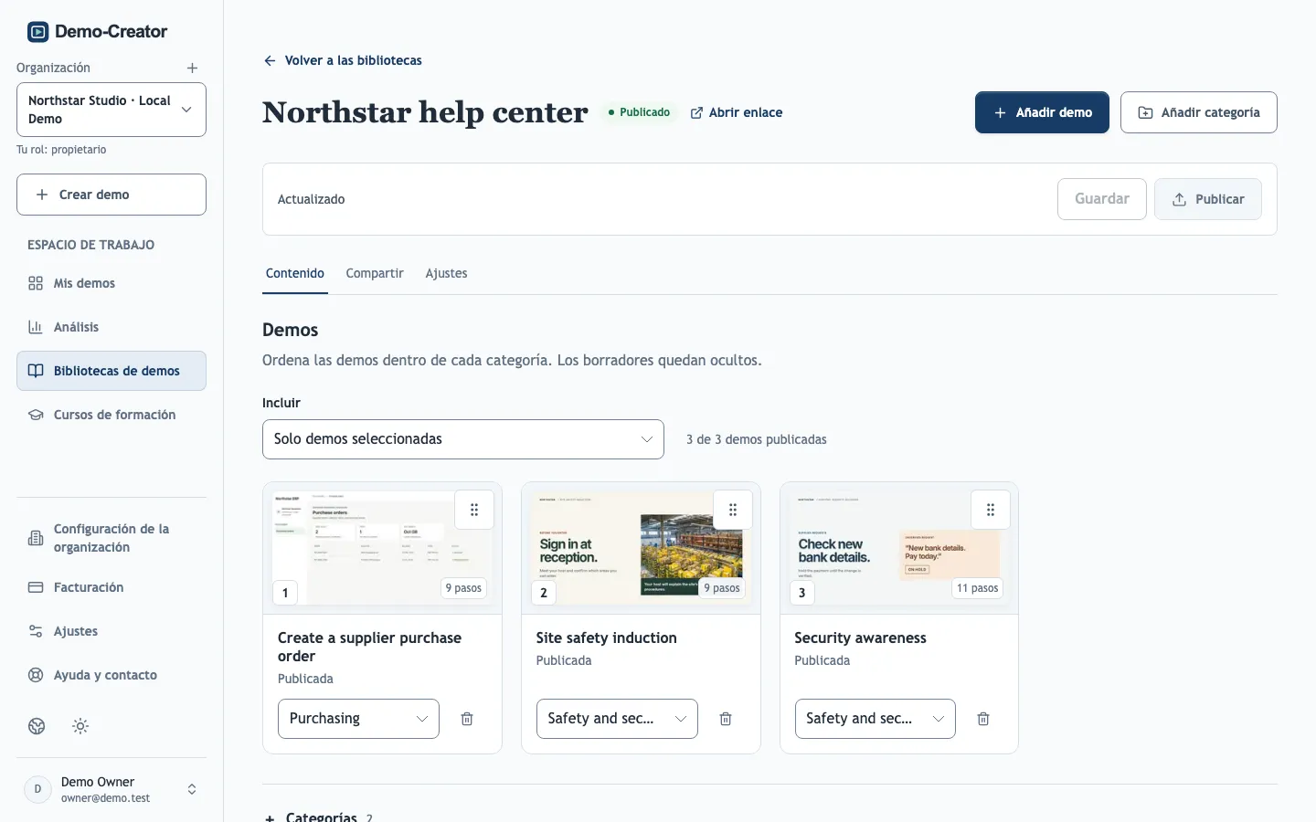 El editor de una biblioteca de demos con categorías y demos