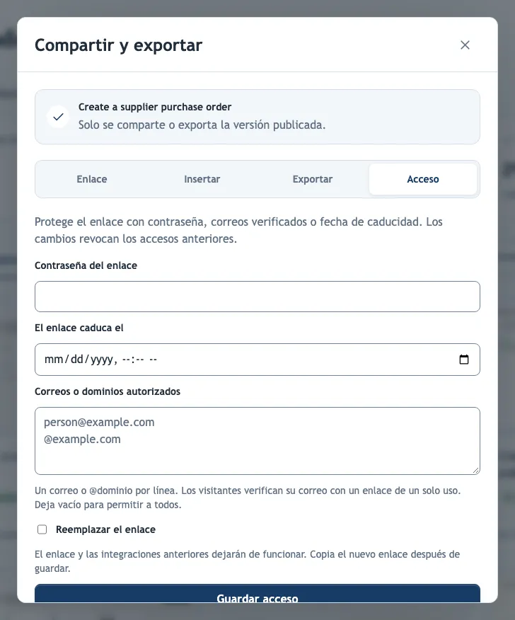 La pestaña Acceso de Compartir y exportar
