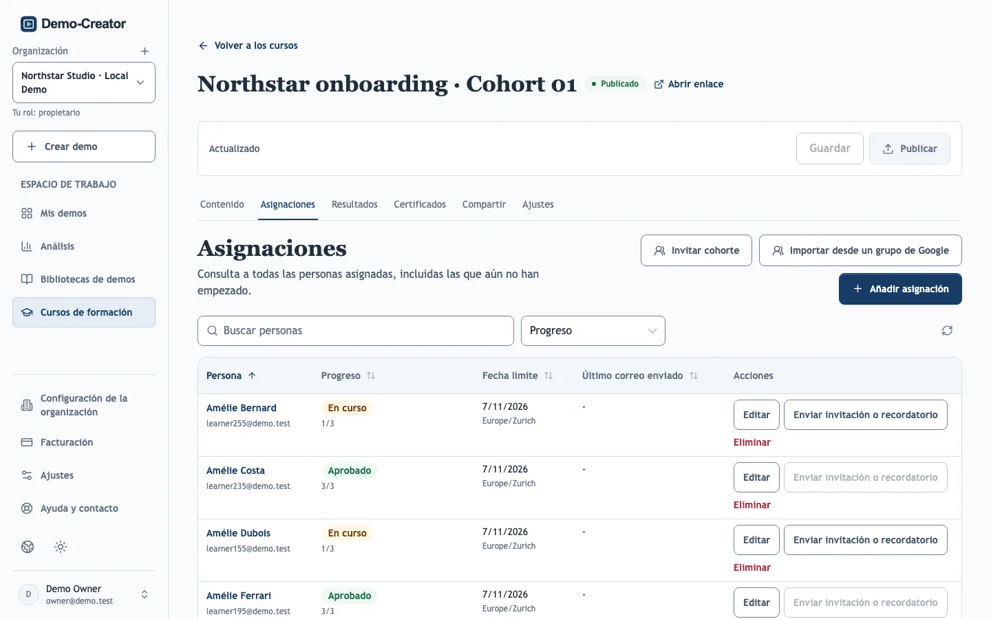 La pestaña Asignaciones de un curso de formación
