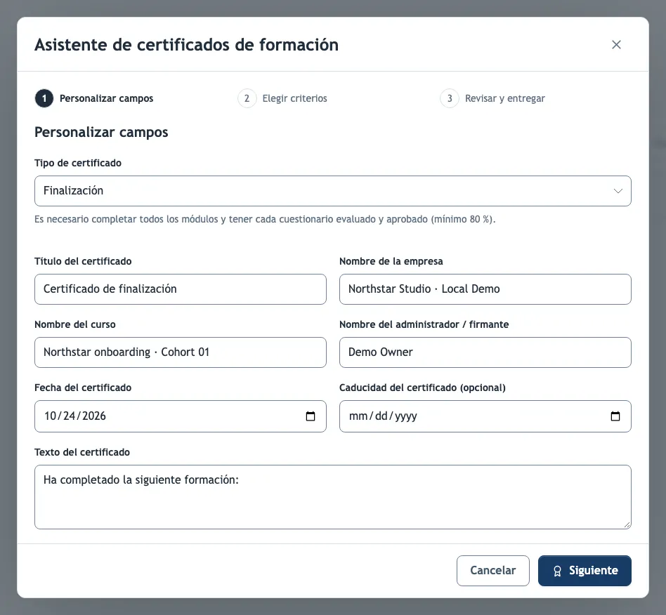 El primer paso del asistente de certificados de formación