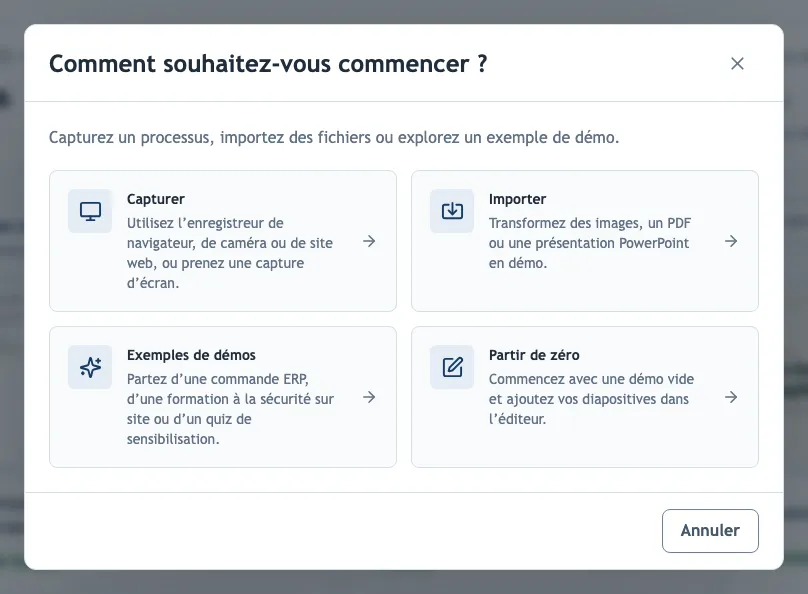 La fenêtre de création avec les options de capture, d’import et d’exemples