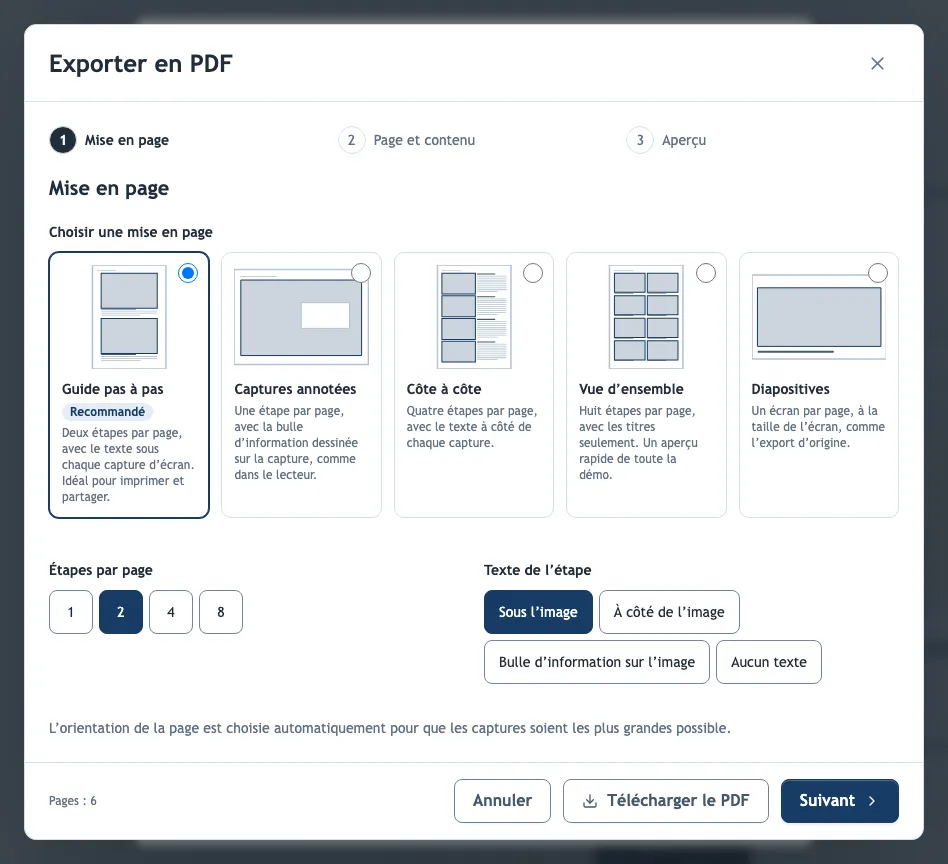 L’étape Mise en page de l’assistant Exporter en PDF