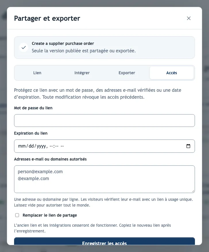 L’onglet Accès de Partager et exporter
