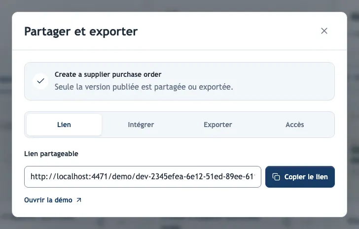 La fenêtre Partager et exporter
