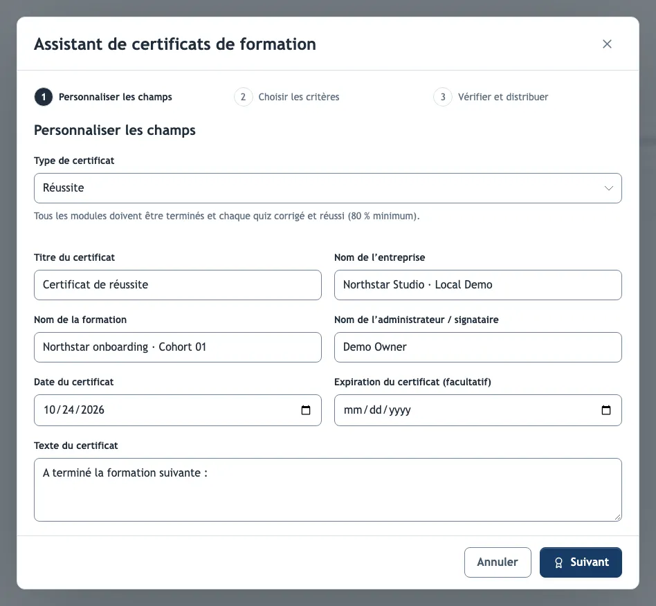 La première étape de l’assistant de certificats de formation