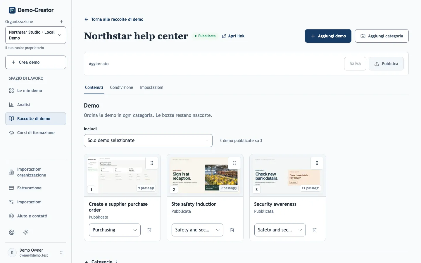 L’editor di una raccolta di demo con categorie e demo