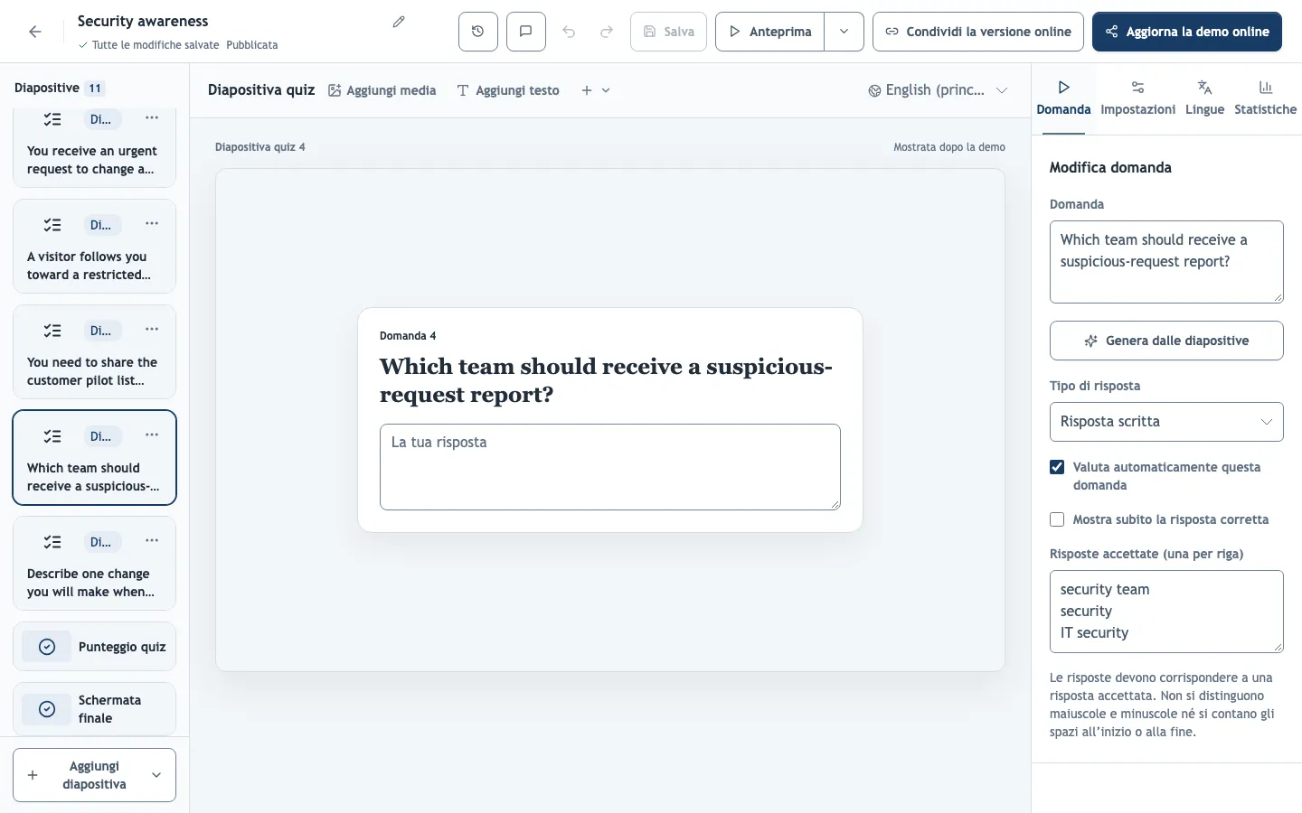 Una domanda di quiz a risposta scritta con le risposte accettate