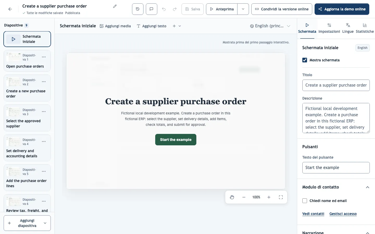 L’editor con la schermata iniziale selezionata e la scheda Schermata