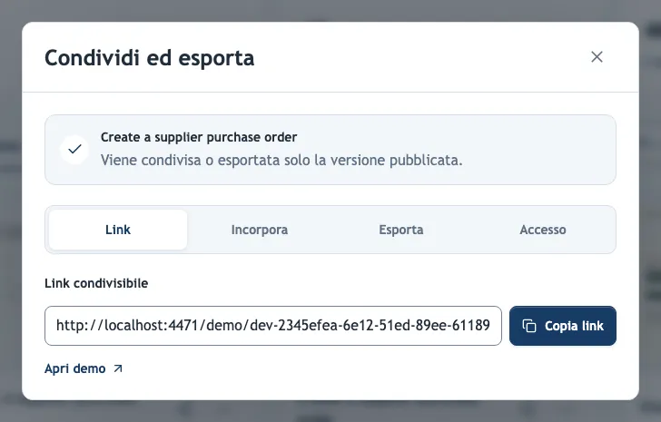 La finestra Condividi ed esporta