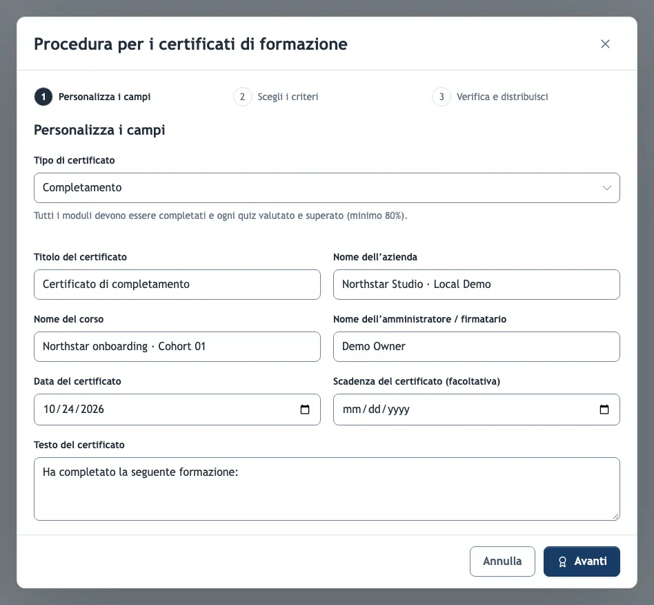 Il primo passaggio della procedura per i certificati di formazione