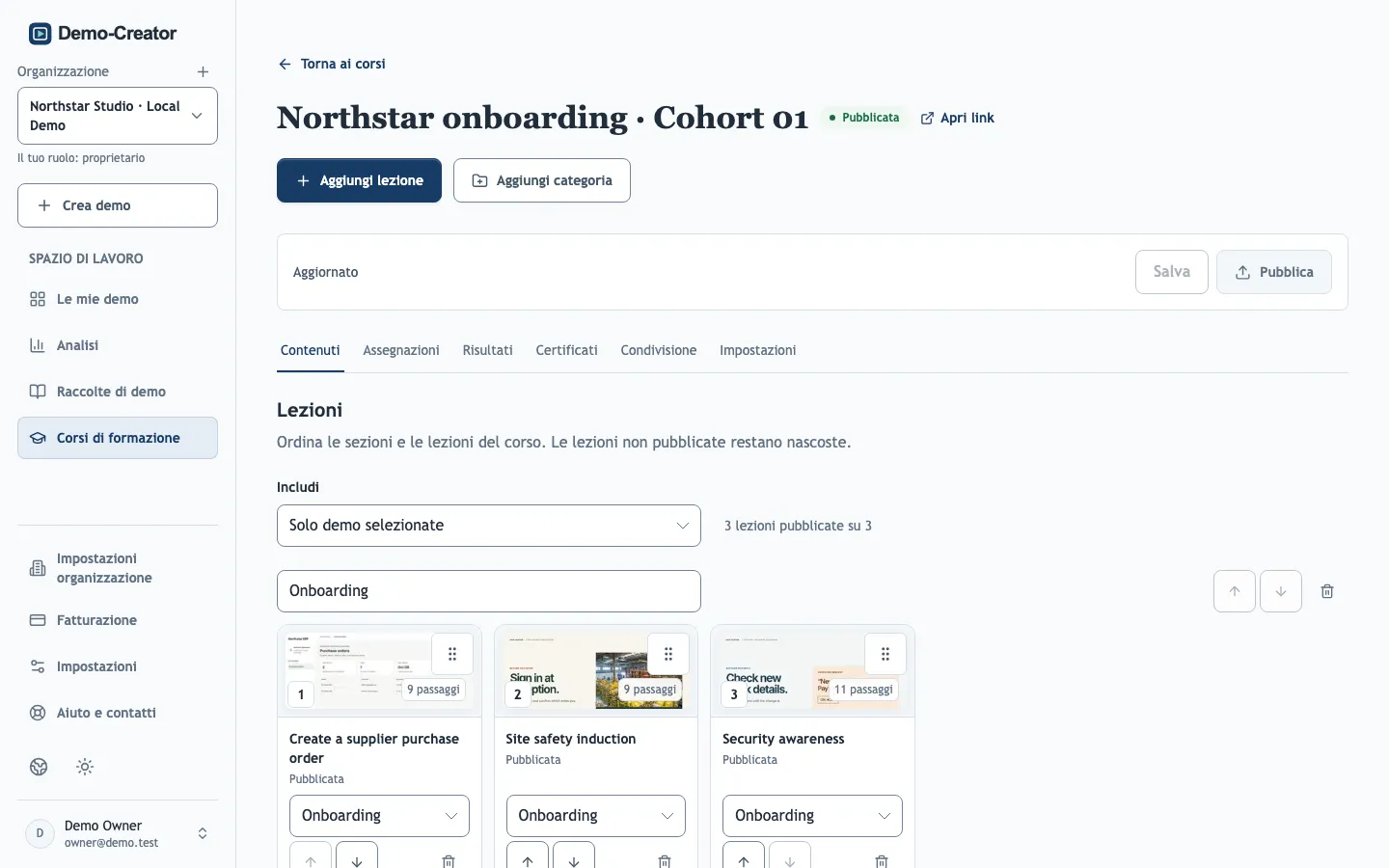 Un corso di formazione con le schede Contenuti, Assegnazioni e Risultati